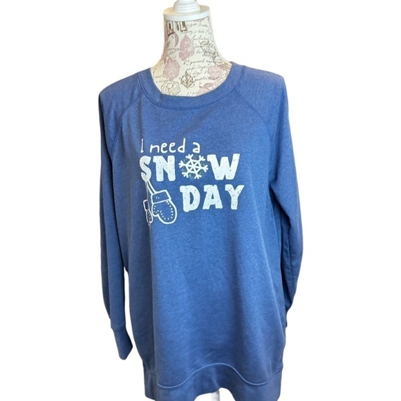 Tops - Handprinted “I Need a Snow Day” Crew Neck Holiday Sweatshirt Blue, Sz L & XL